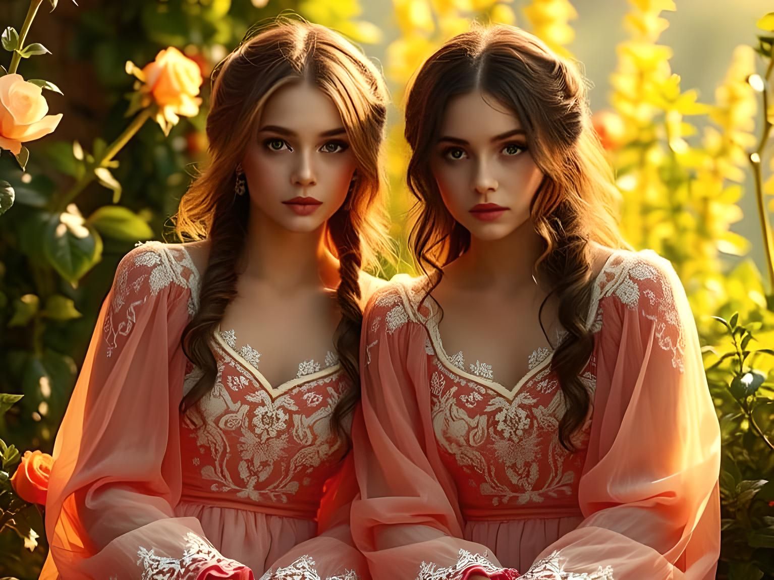 Enticing Twin Sisters in Vibrant Colors