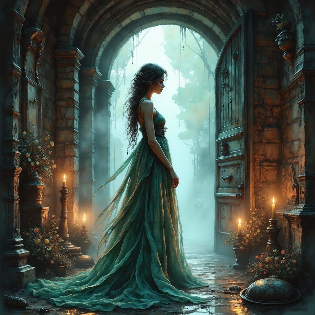 Ethereal Lady in Ancient Doorway