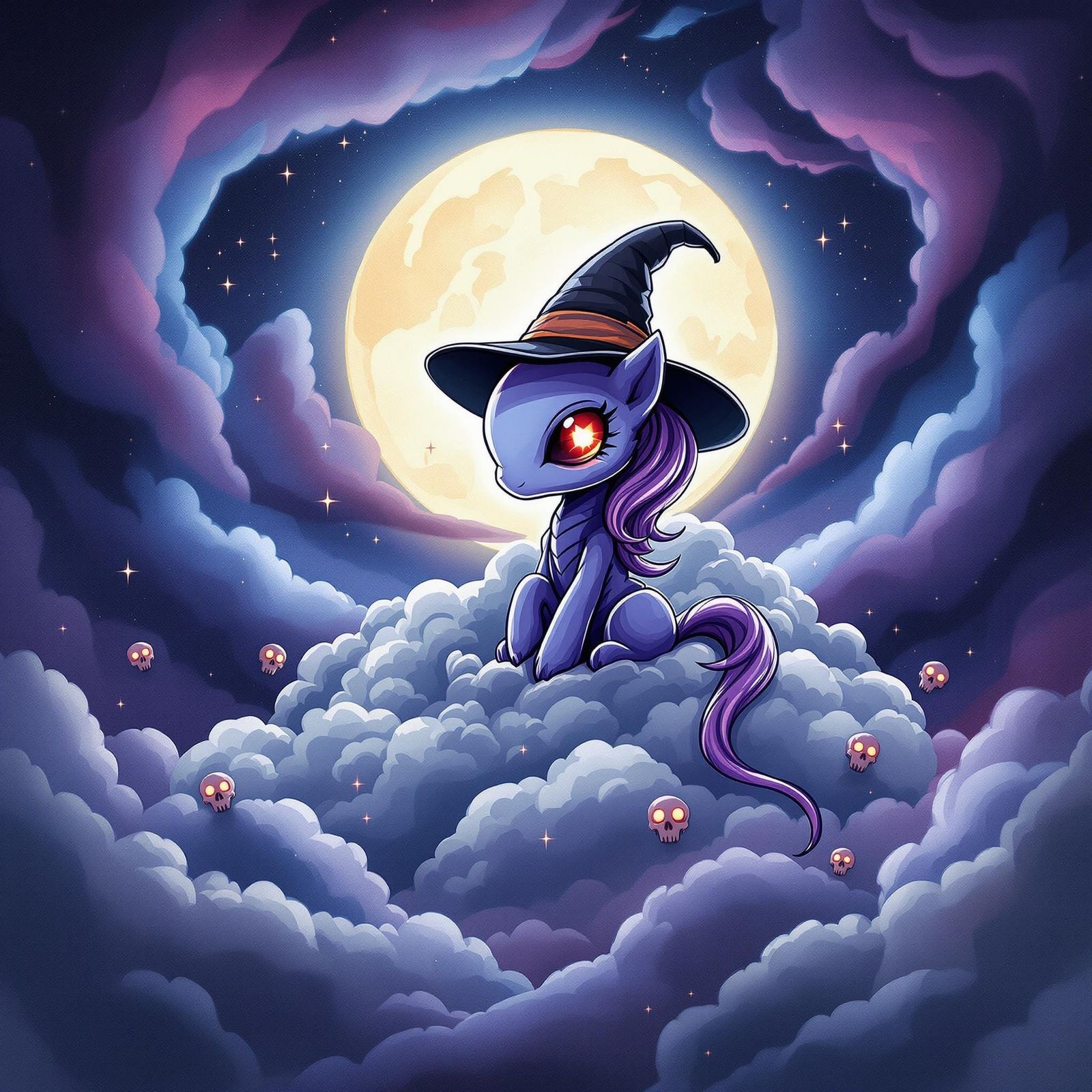 Chibi Xenomorph Pony Hybrid Sits Serenely on Stormy Night
