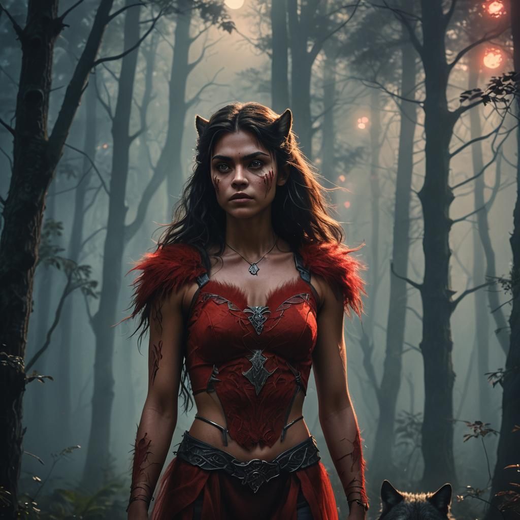 Confident Werewolf Girl in Misty Forest, Art Nouveau Style