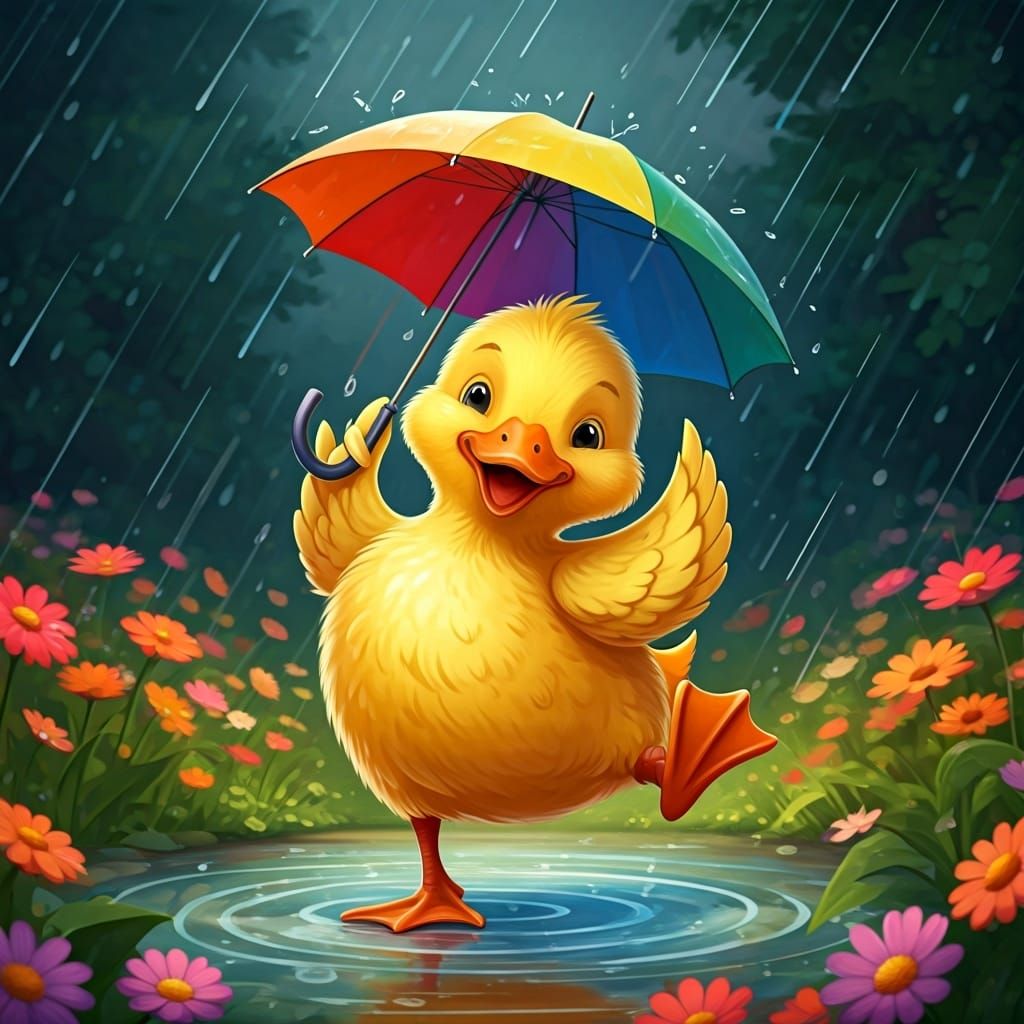 Cheerful Duck Dances in Rainy Flowery Grove
