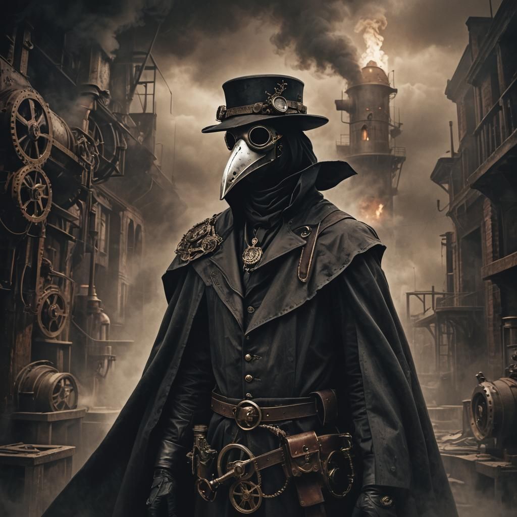 Steampunk Plague Doctor in Victorian Industrial Setting