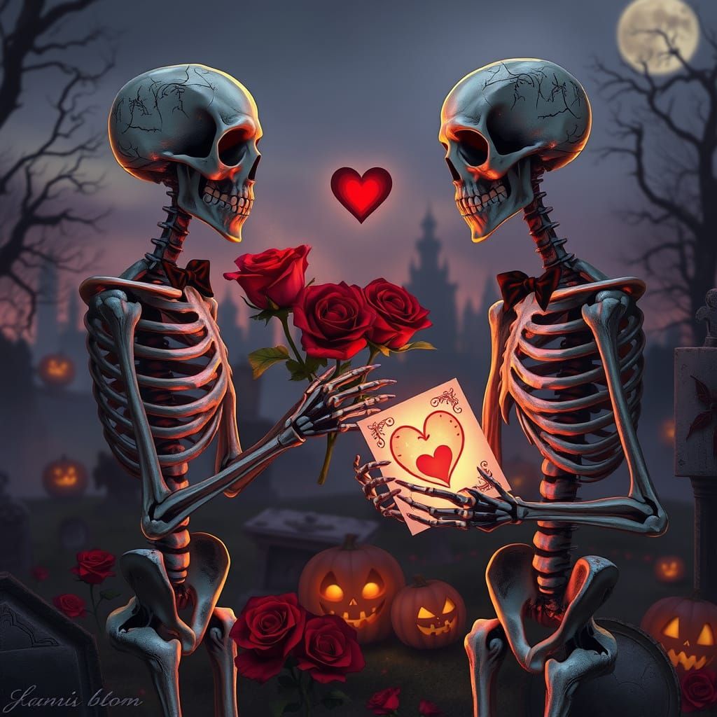 Skeletons Exchange Eerie Roses on Halloween Valentine's
