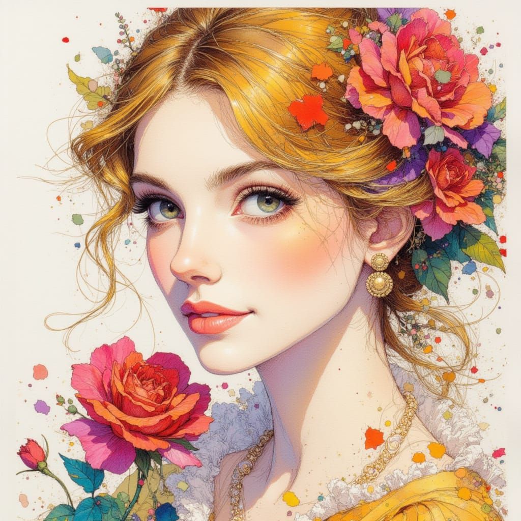 Intricate Pen and Ink Drawing of Belle with Rose