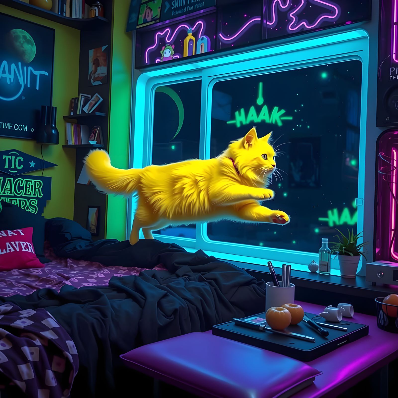 Vibrant Feline Levitation in Neon Hues