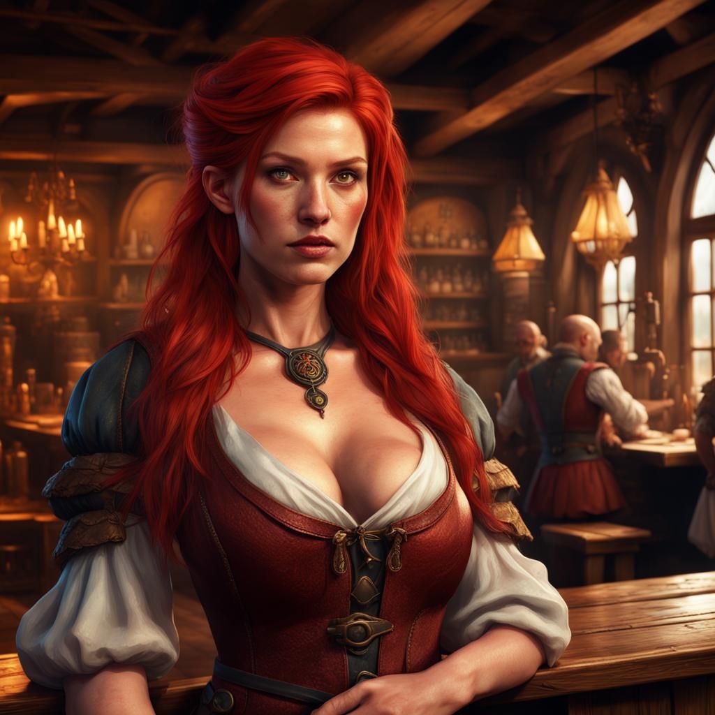 Fantasy Tavern Keeper with Red Hair, Detailed Matte Painting