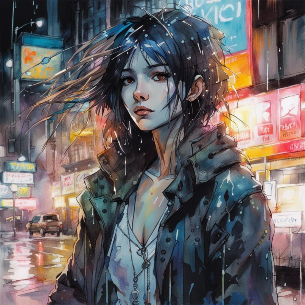 Anime Girl in Rainy Neon Cityscape