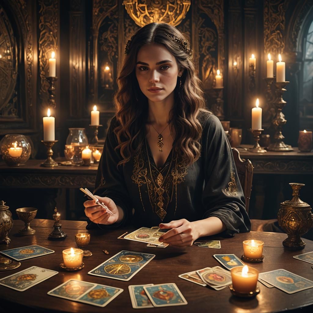 Mystical Woman Holding Tarot Cards as Oil Painting
