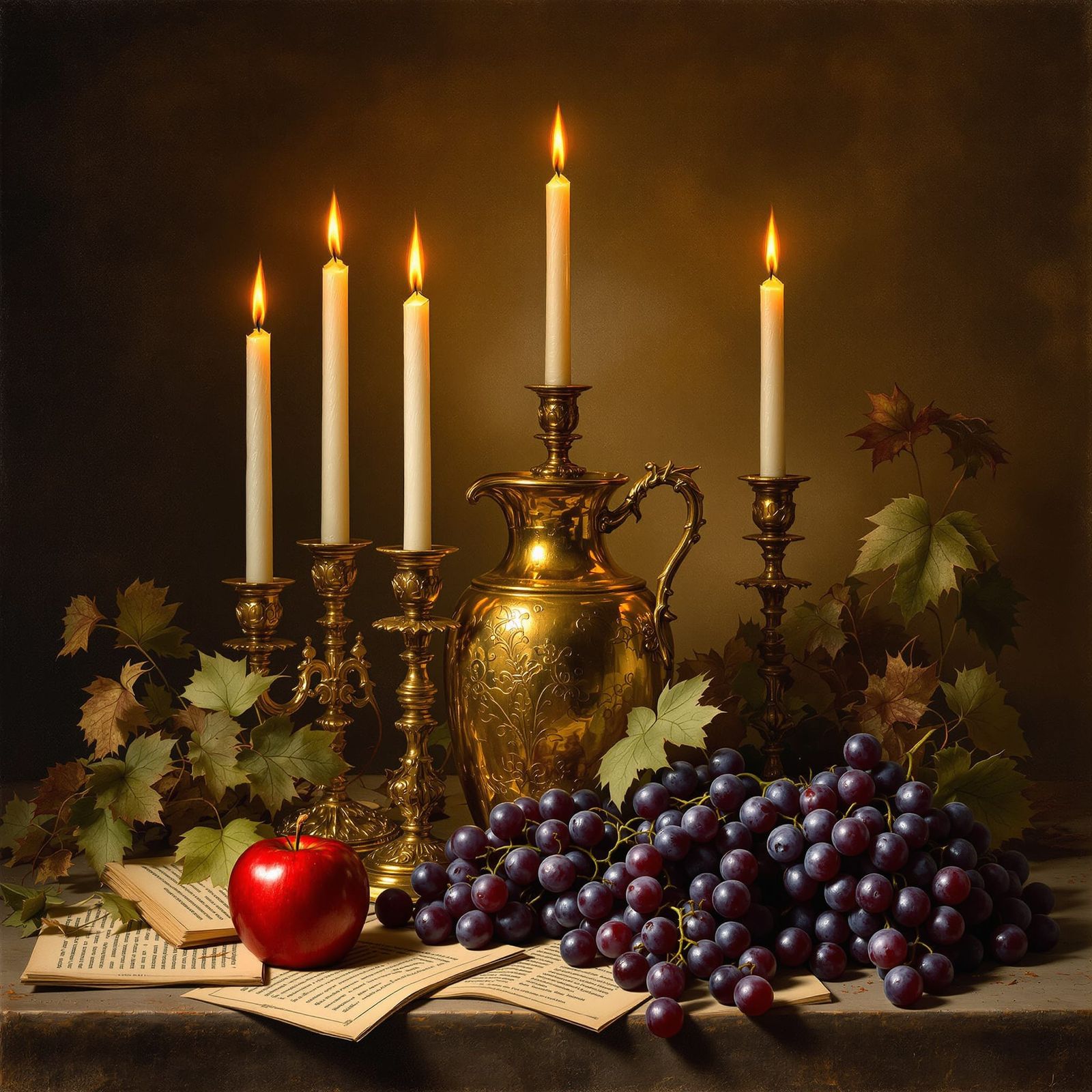 Baroque Still Life: Golden Vase, Grapes, and Candles