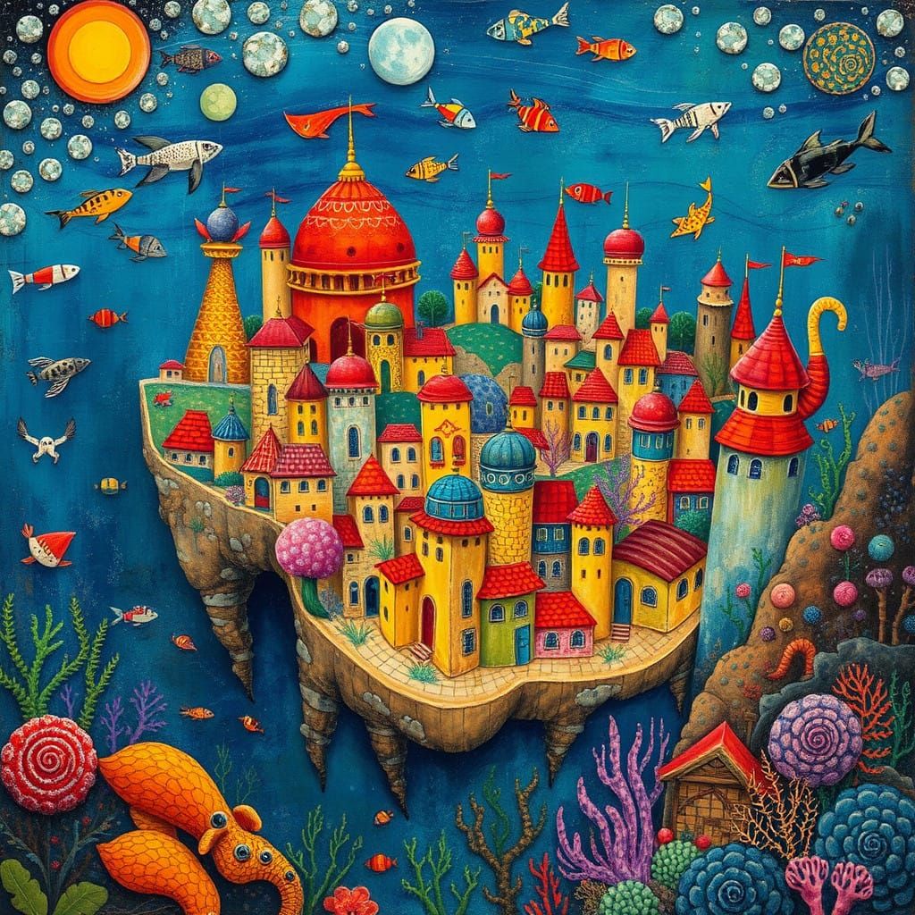 Whimsical Folk Art Underwater Metropolis with Naive Craftsma...
