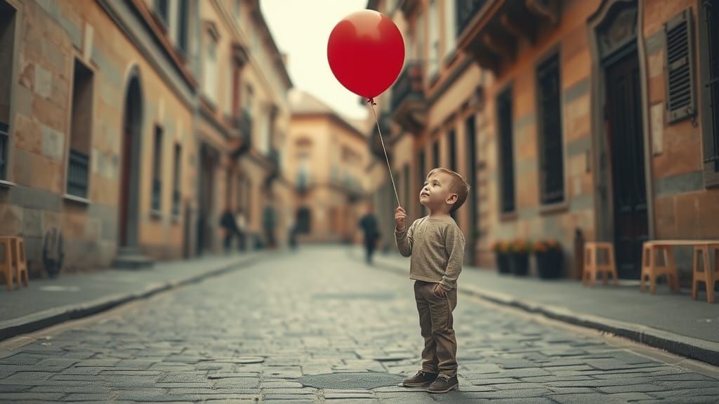 Boy with Red Balloon in Pictorialist Style