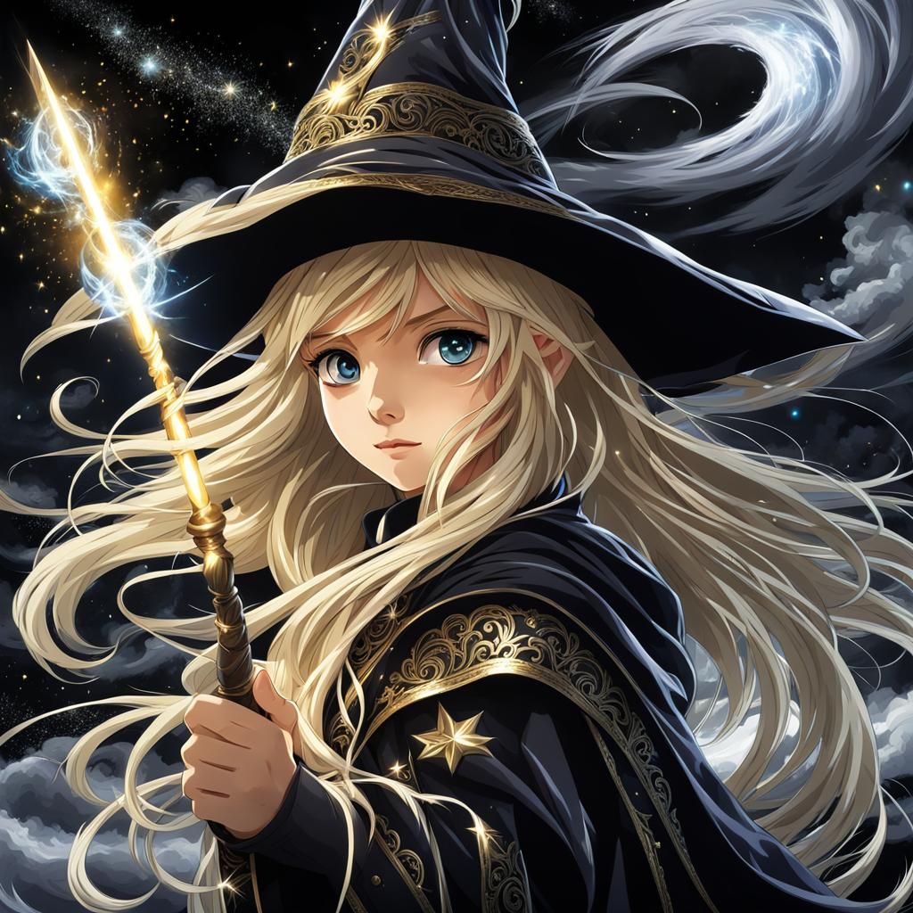 Anime Girl Wizard with Wand in Chiaroscuro