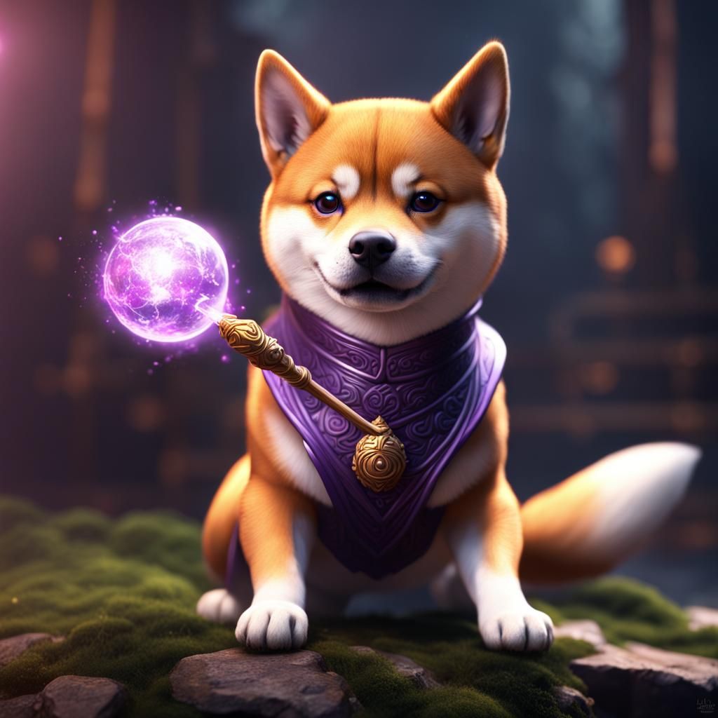 Shiba Inu Casts Purple Fireball: Fantasy Concept Art