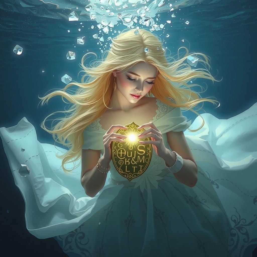 Ethereal Fantasy Woman in Icy Lake, Medallion in Hand