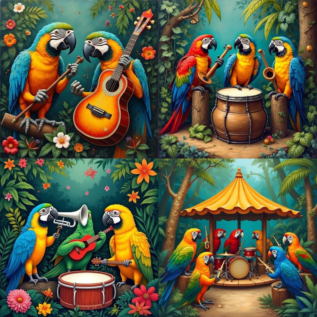 Vibrant Parrots Perform on Colorful Musical Instruments