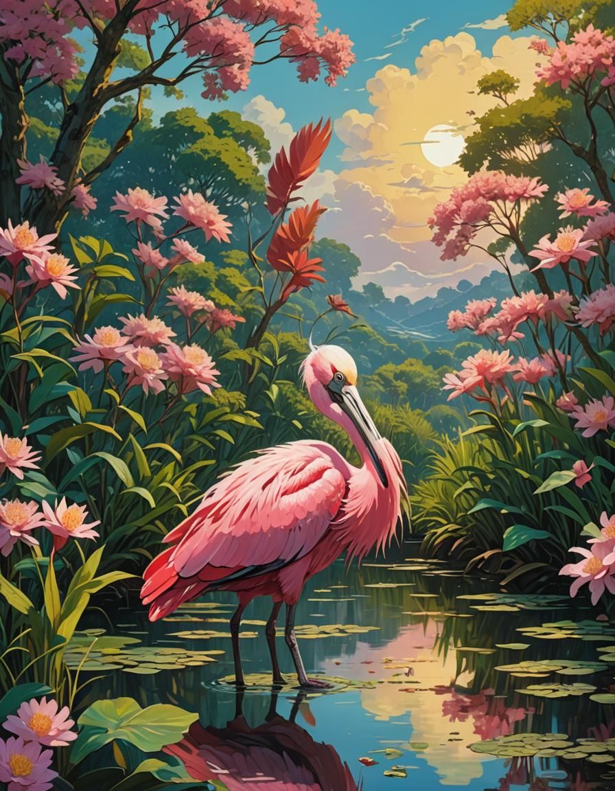 Roseate Spoonbill as Van Gogh Inspired Anime