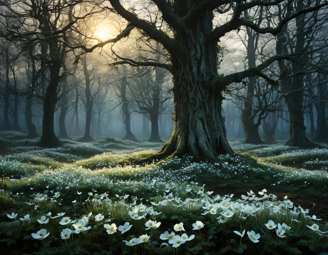 Mystical Springtime Scene in Whimsical Woodland Style