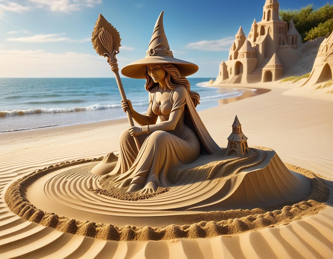 Beach Witch Sand Sculpture: Detailed Digital Art