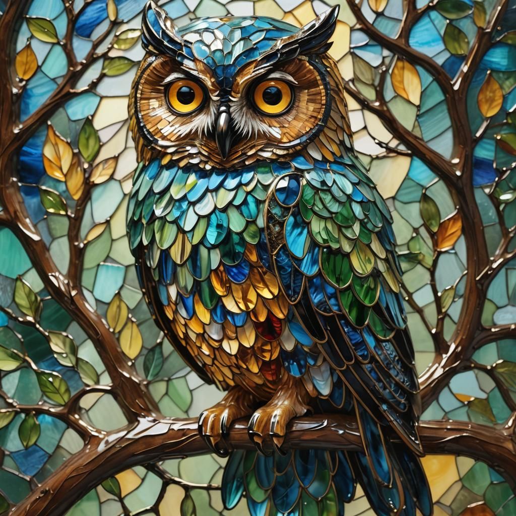 Enameled Glass Owl in Hyperrealistic Splash Art