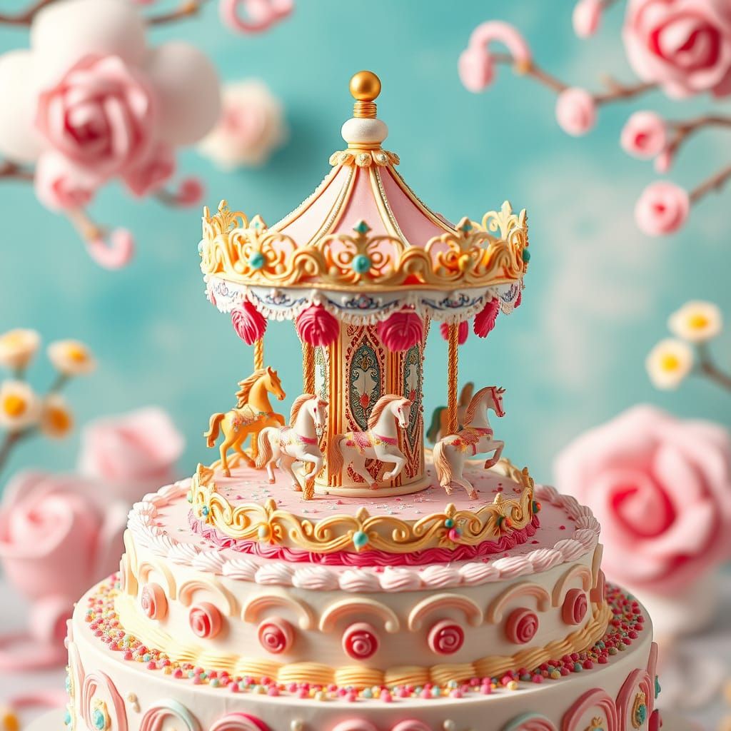 Whimsical Carousel Cake Masterpiece in Cakecore Style