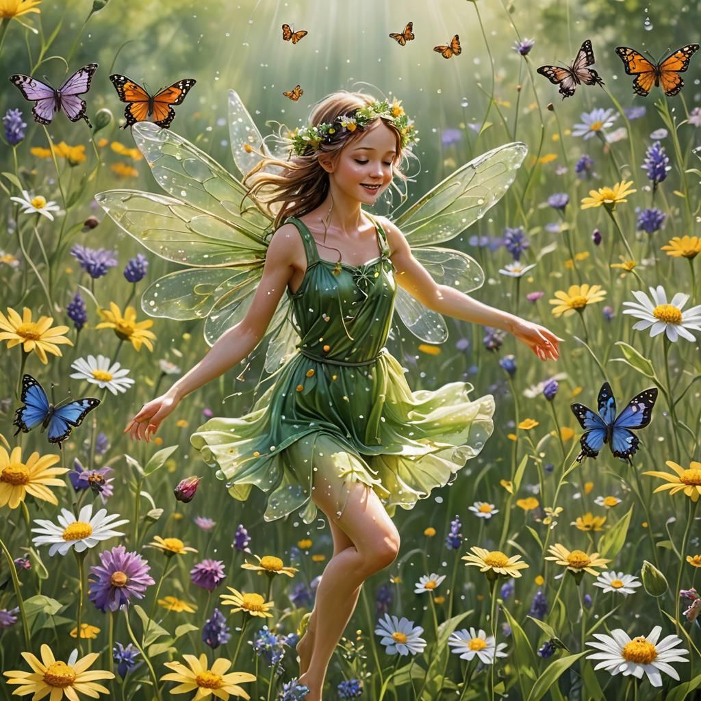 Whimsical Spring Fairy in a Vibrant Wildflower Meadow