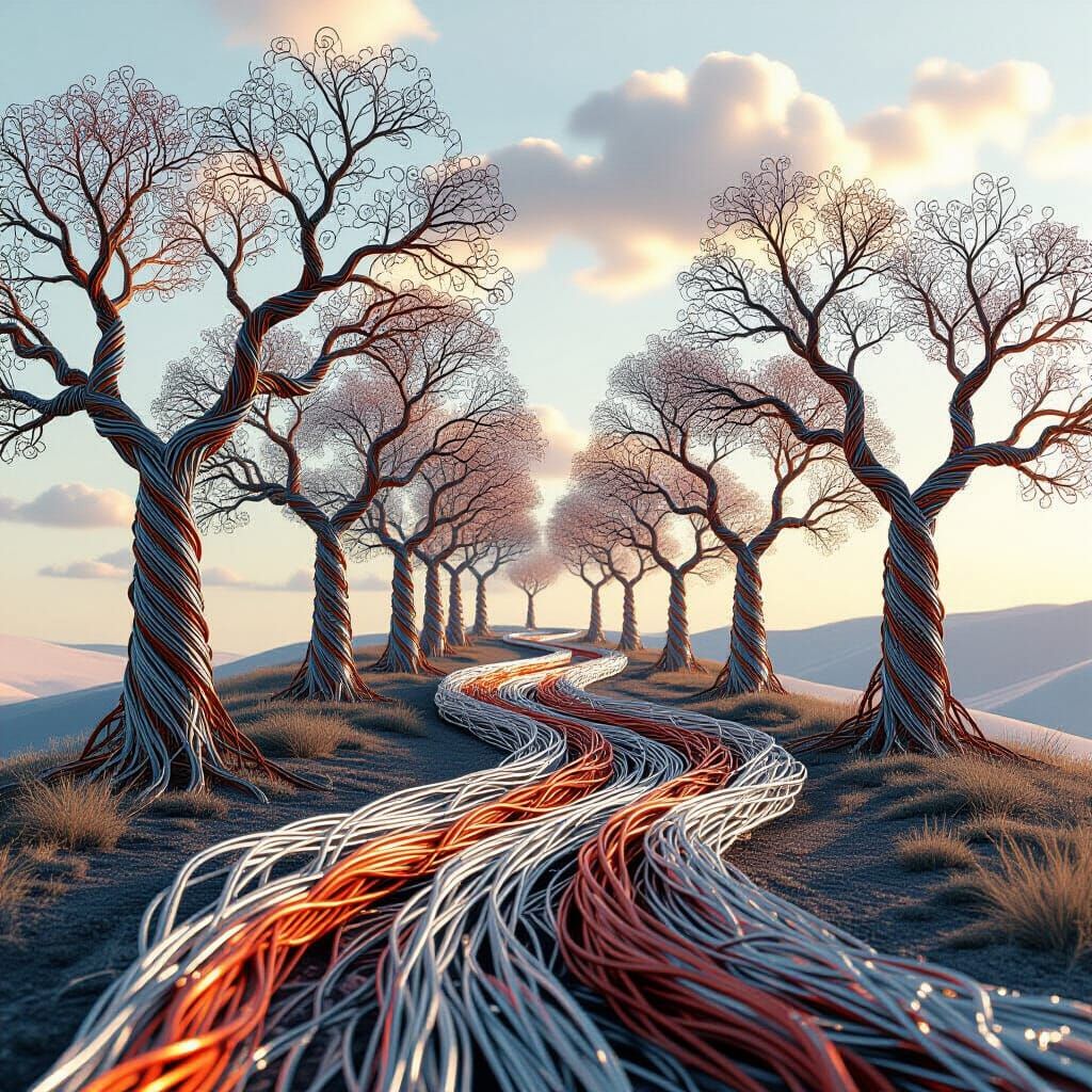 Winding Wire Road with Wire Trees in Hyper-Realistic Style