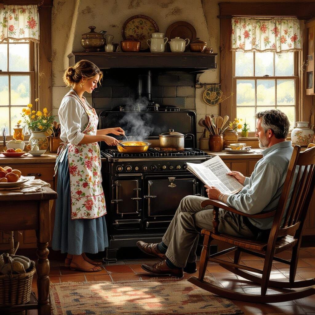 Cozy Country Kitchen Scene in Rockwell Style