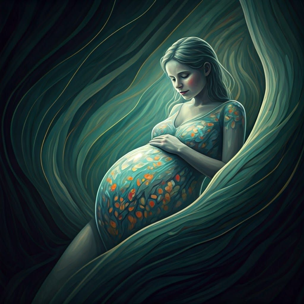 Surreal Glass Pregnancy Belly in Suminagashi Painting Style