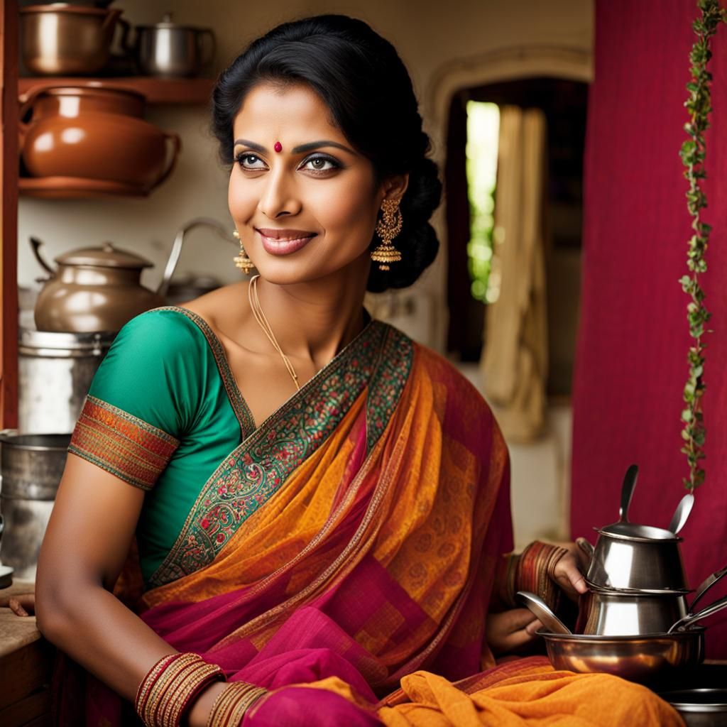 South Asian Woman in Kitchen, Graffiti Art Style