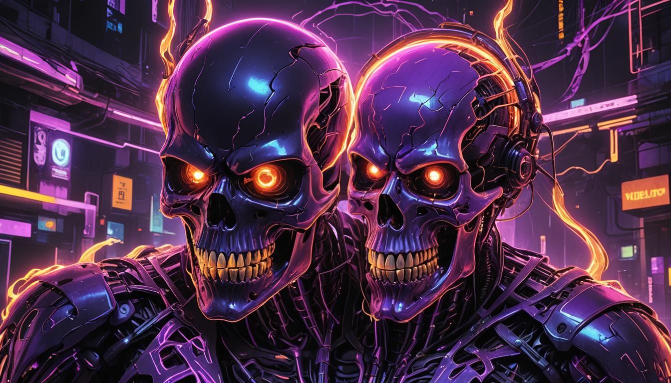 Cyberpunk Demonic Skull with Purple Aura and Fire Cross