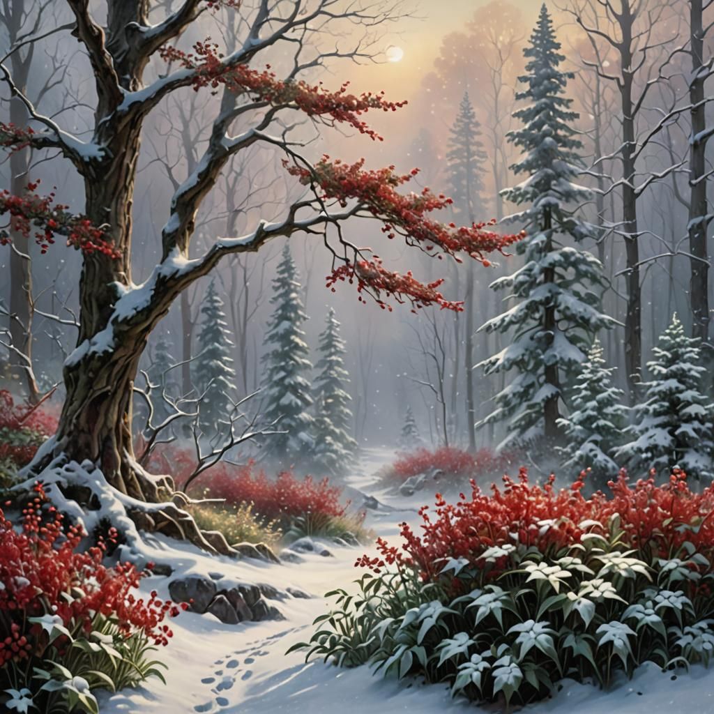 Winter Berries in Snowy Forest, Ethereal Fantasy