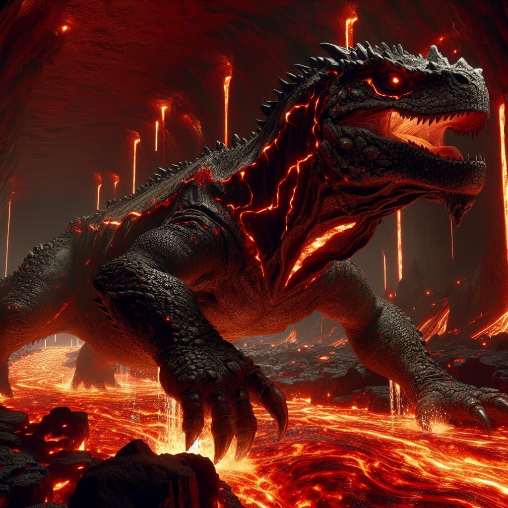 Demonic Iguana Gliding Through Molten Lava River