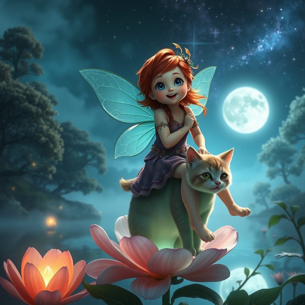 Enchanted Woodland Fairy Rides a Kitten Under the Full Moon