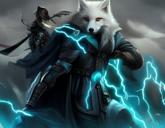 Anthropomorphic Arctic Fox Superhero Manipulating Lightning