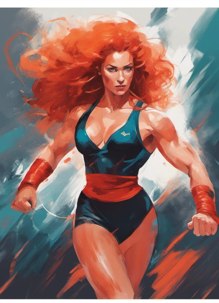 Female Wrestler Pin-Up Illustration in 1980s Style