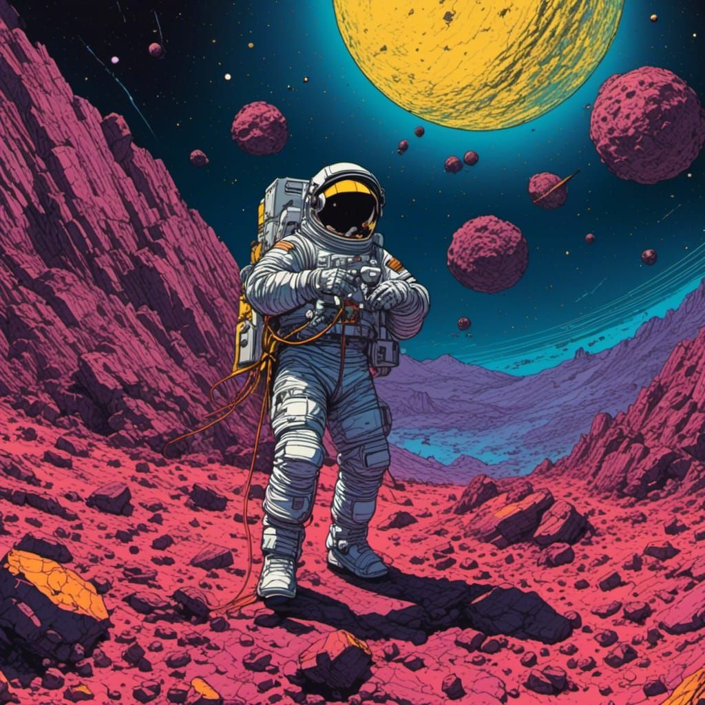Spaceman navigating an asteroid field <lora:Neon Roast:1.0>