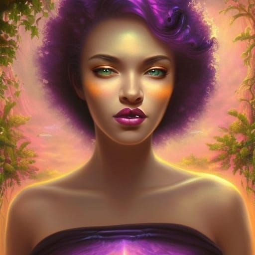 Beautiful African American Gothic good witch with vibrant purple hair& dark brown eyes& purple eyeshadow& purple lipstic...