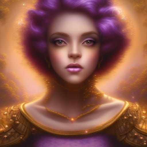 Beautiful African American Gothic good witch with vibrant purple hair& dark brown eyes& purple eyeshadow& purple lipstic...