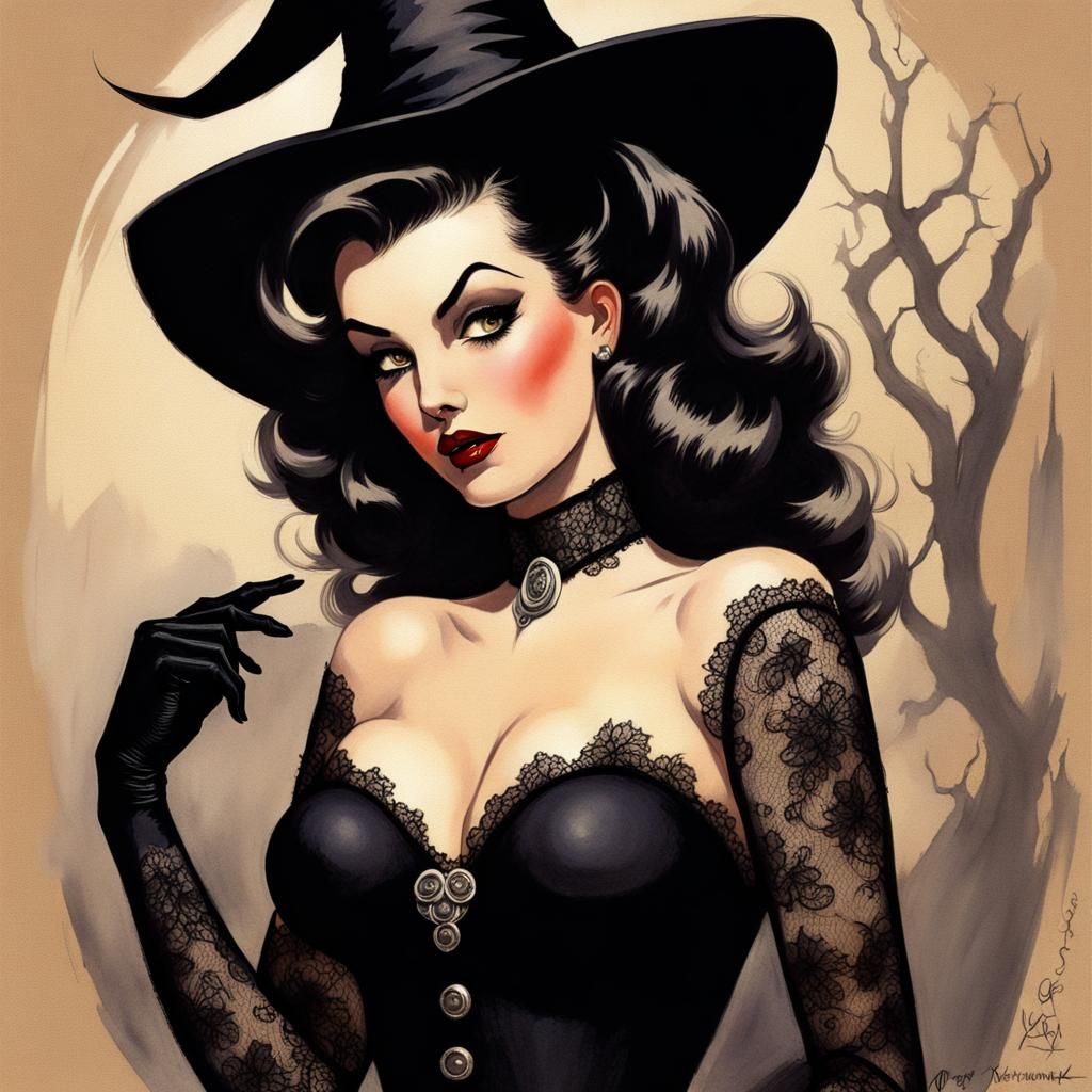 Pinup Witch in Vargas Style Black Lace
