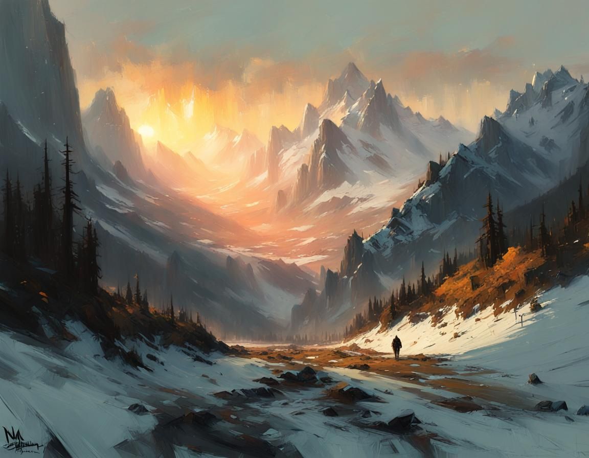 Majestic Mountain Landscape at Sunrise, Digital Painting