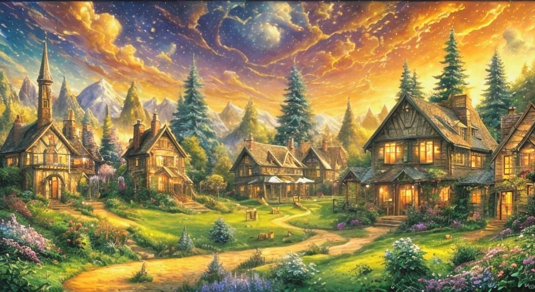 Whimsical Thomas Kinkade-Inspired Artwork in Pastel Colors