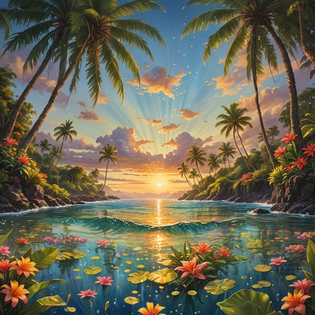 Hawaii Sunset: Fantasy Oil Painting in Art Deco Style