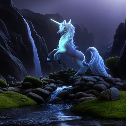 Mystical Unicorn and Waterfall in Detailed Painting