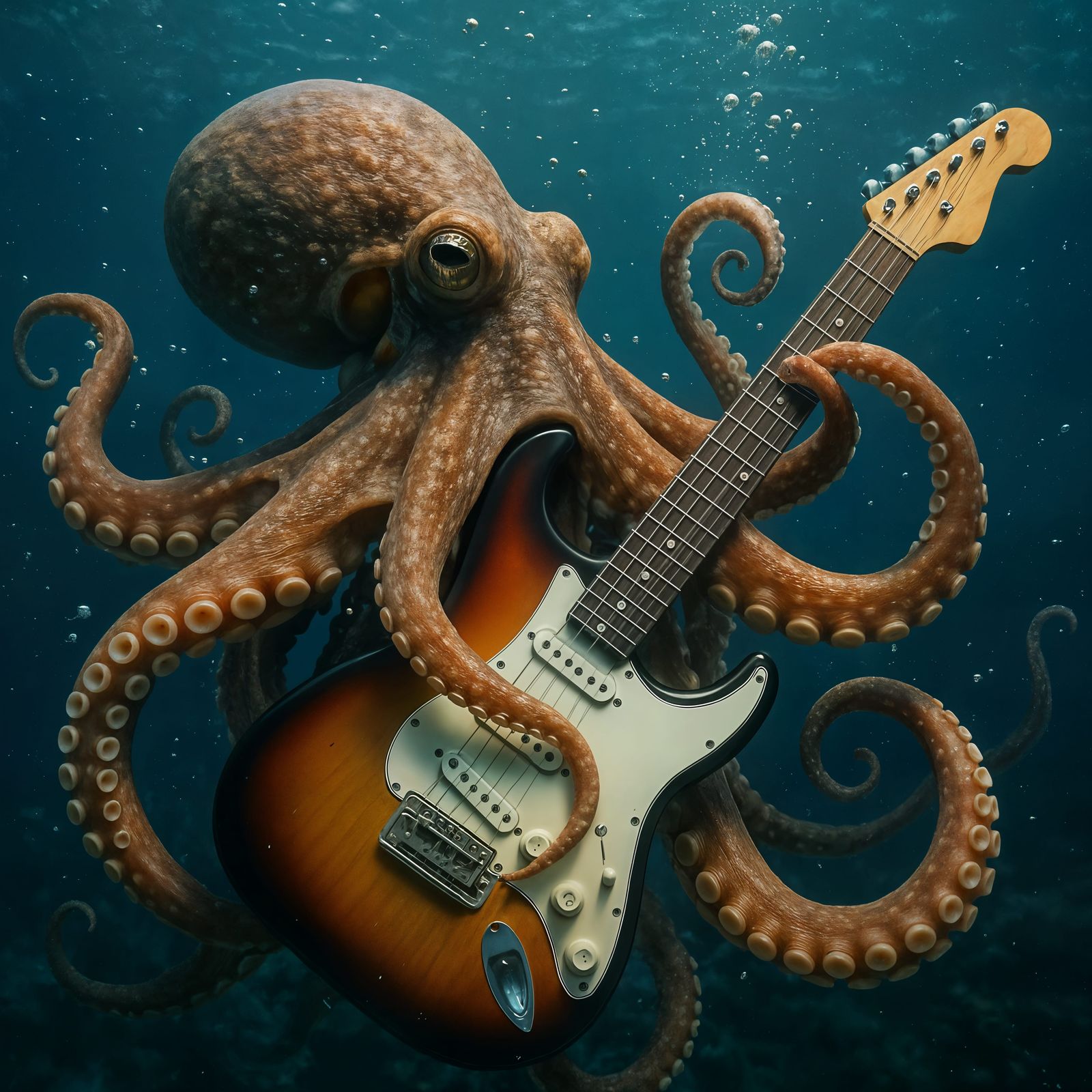 CGI Octopus Shreds Electric Guitar Underwater