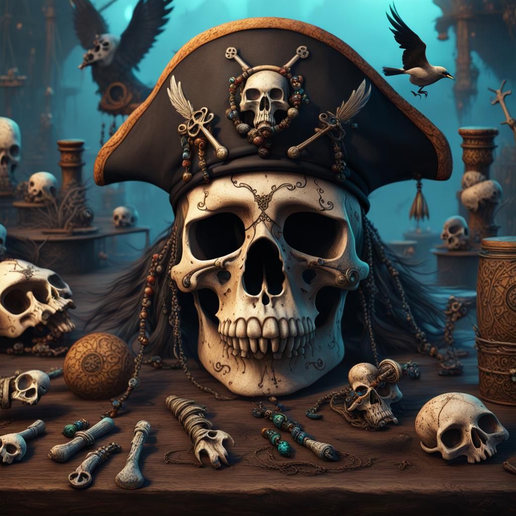 Hippie Pirate Crow with Skulls, Detailed Matte Painting