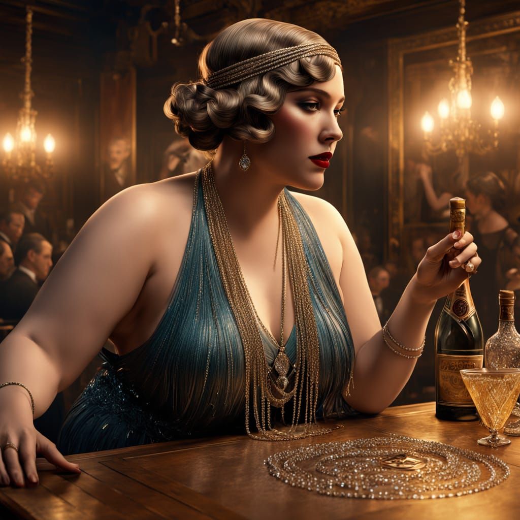 Flapper Girl Dances in Speakeasy, Alphonse Mucha Style