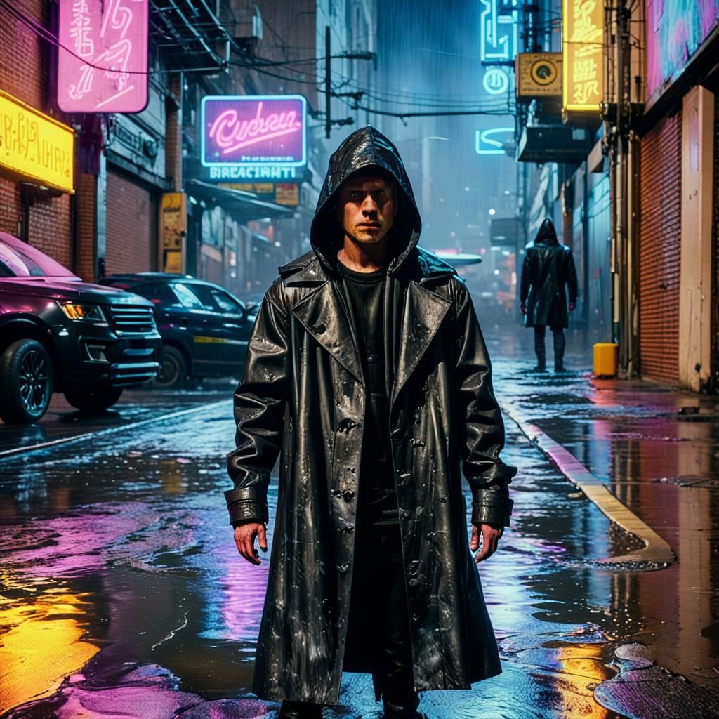 Cyberpunk Protagonist in Rainy Dystopian Alley