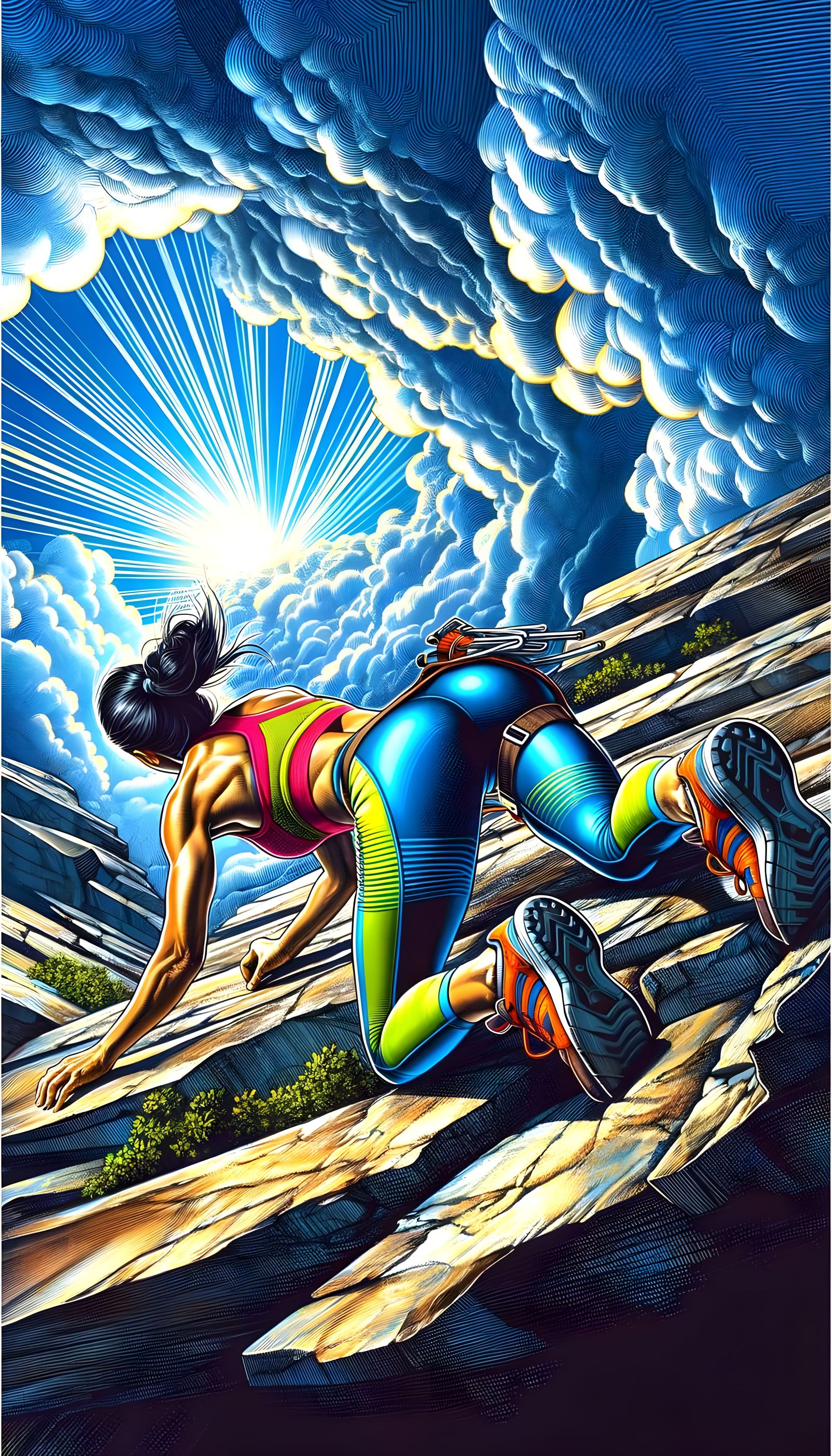 Hispanic Rock Climber in Pin-Up Style Illustration