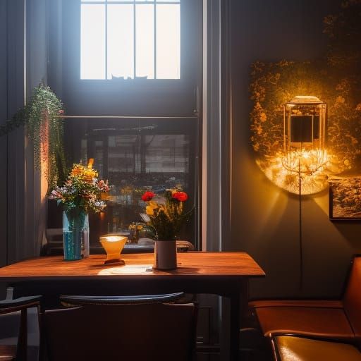 Cozy Cafe Scene with Antique Furniture and Flowers