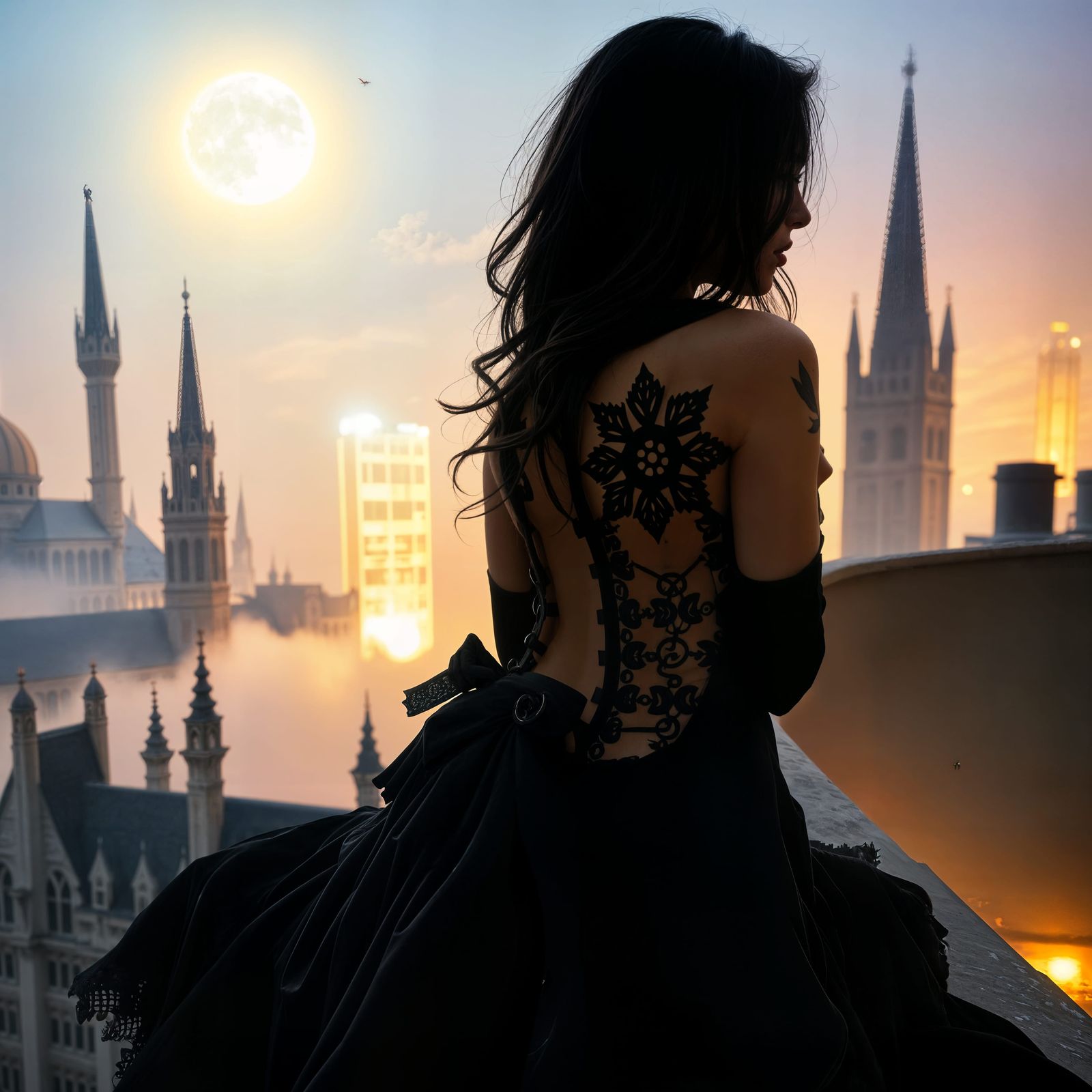 Vampire Woman Overlooking City at Night